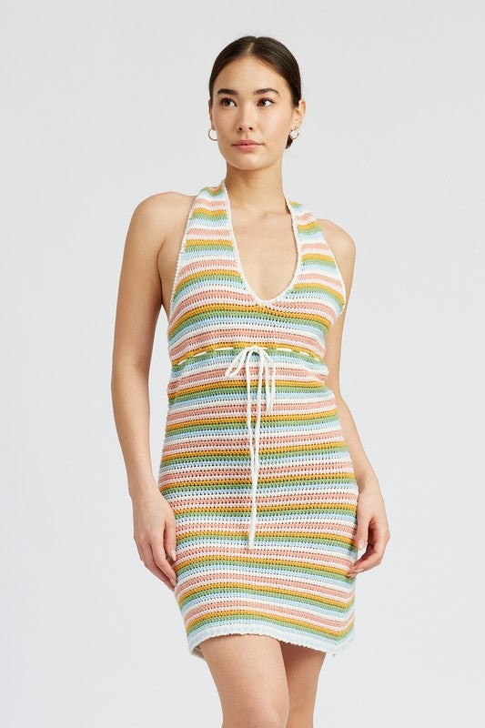 STRIPED CROCHET MINI DRESS WTIH HALTER NECK-2 COLORS