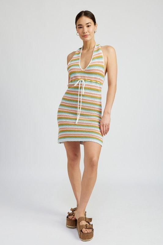 STRIPED CROCHET MINI DRESS WTIH HALTER NECK-2 COLORS