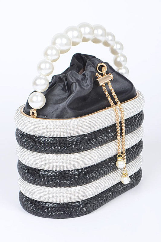 Pearl Handle Rhinestone Statement Bucket Clutch- 2 Colors