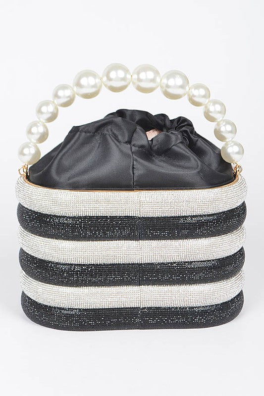 Pearl Handle Rhinestone Statement Bucket Clutch- 2 Colors