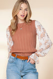 Floral Ruffle Cuff Sleeve Cable Knit Sweater Top