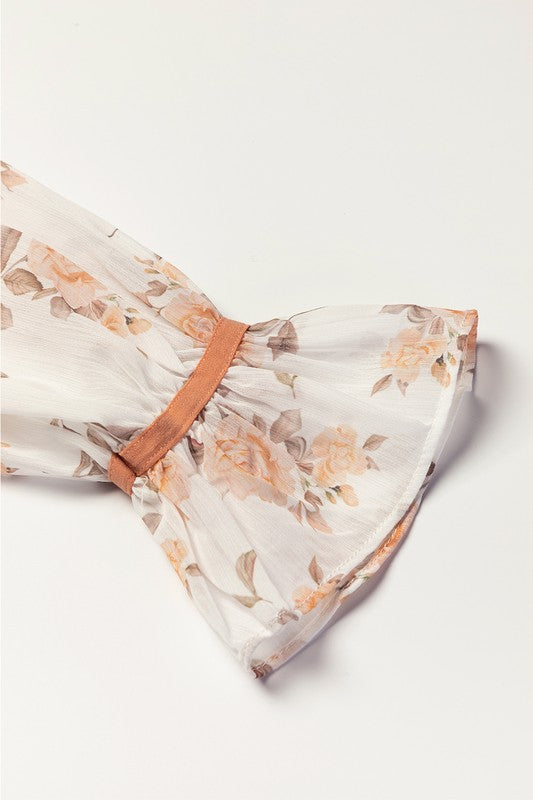 Floral Ruffle Cuff Sleeve Cable Knit Sweater Top