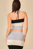 Vibrant Color Multi Striped Color Block Knit Skirt & Top Set- Black Combo