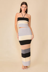 Vibrant Color Multi Striped Color Block Knit Skirt & Top Set- Black Combo