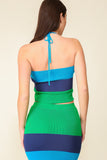 Vibrant Color Multi Striped Color Block Knit Skirt & Top Set- Blue Combo