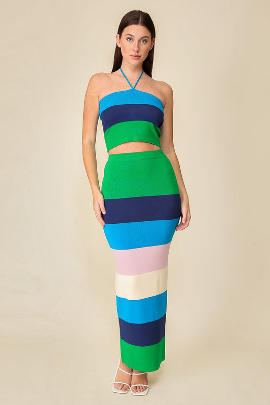 Vibrant Color Multi Striped Color Block Knit Skirt & Top Set- Blue Combo