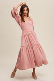 Ditzy Floral Embroidery Puff Sleeve Maxi Dress-2 Colors