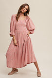 Ditzy Floral Embroidery Puff Sleeve Maxi Dress-2 Colors