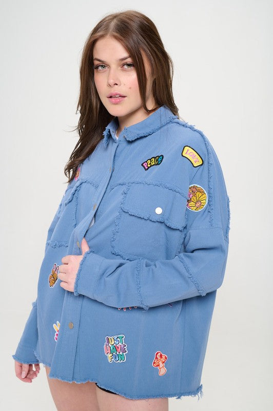 PLUS SIZE  SIZE PATCHWORK FRAYED HEM BUTTON DOWN TOP-2 COLORS