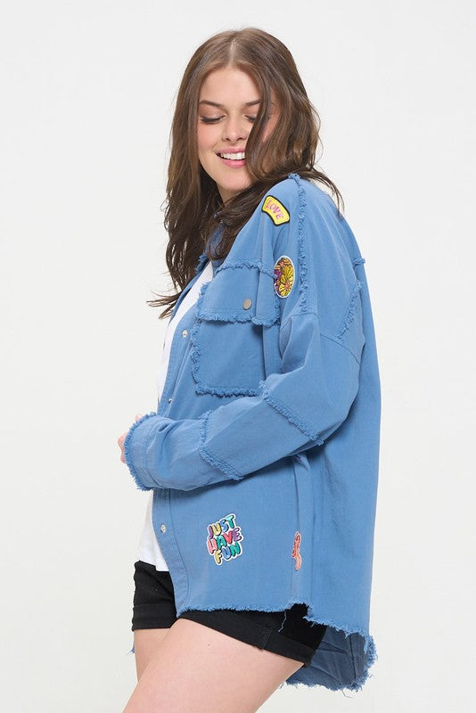 PLUS SIZE  SIZE PATCHWORK FRAYED HEM BUTTON DOWN TOP-2 COLORS