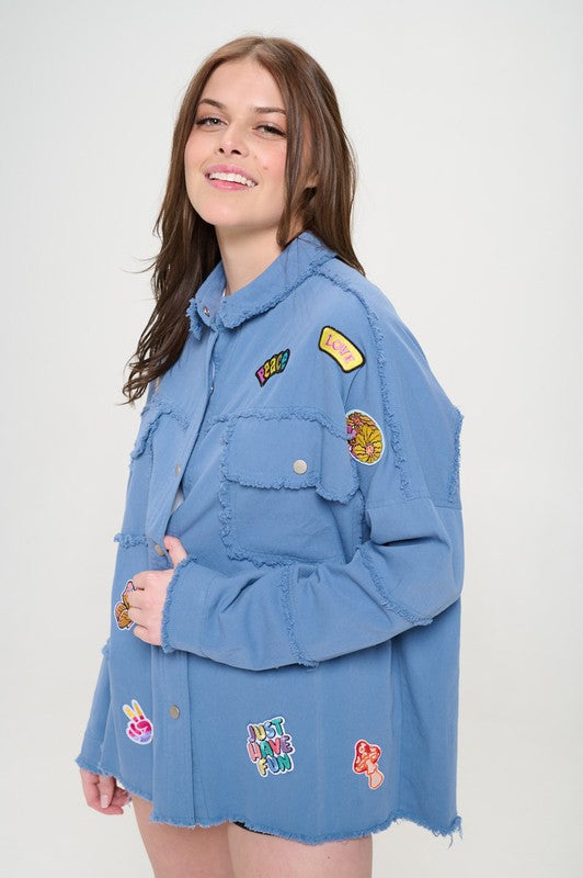 PATCHWORK FRAYED HEM BUTTON DOWN COLLARED TOP- 2 COLORS