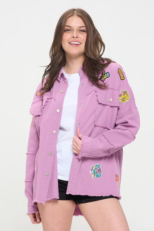 PLUS SIZE  SIZE PATCHWORK FRAYED HEM BUTTON DOWN TOP-2 COLORS