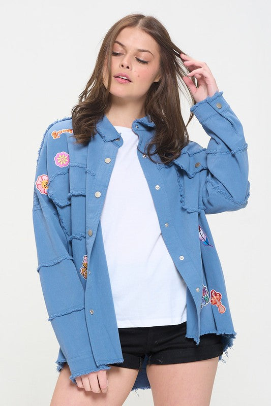 PLUS SIZE  SIZE PATCHWORK FRAYED HEM BUTTON DOWN TOP-2 COLORS