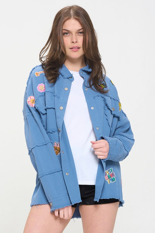 PATCHWORK FRAYED HEM BUTTON DOWN COLLARED TOP- 2 COLORS