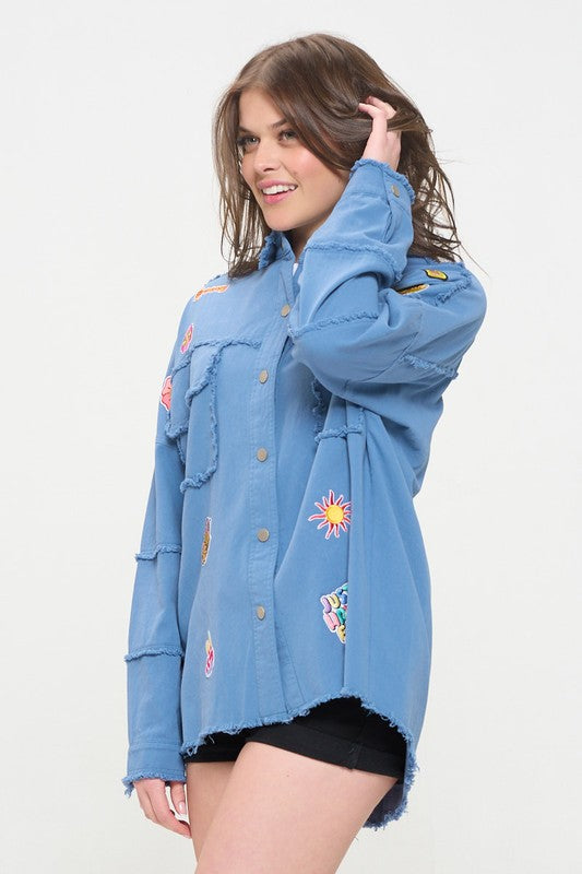 PLUS SIZE  SIZE PATCHWORK FRAYED HEM BUTTON DOWN TOP-2 COLORS