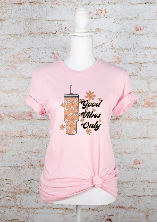 Plus Size "Good Vibes Only" Flower Cup Graphic Tee-3 Colors