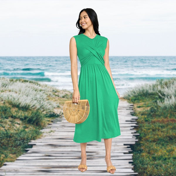 Sleeveless Cross-Over Bodice Midi Dress- 6 Colors