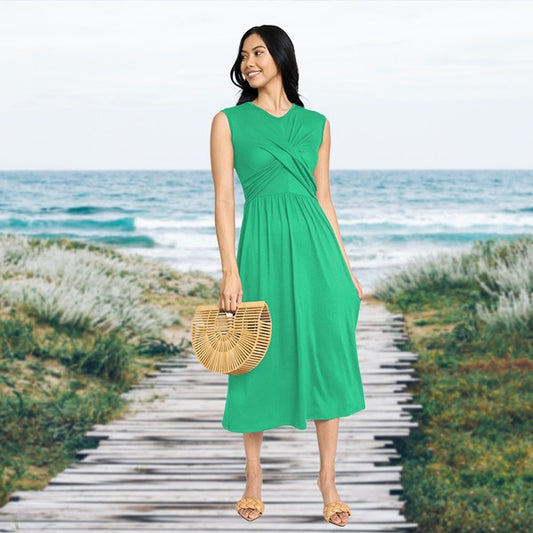 Sleeveless Cross-Over Bodice Midi Dress- 6 Colors