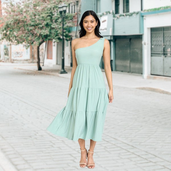 One Shoulder Ruffle Midi Dress- 4 Colors