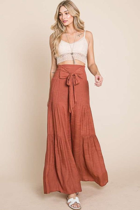 Plus Size Tie Front Ruched Waist Back Pants-3 Colors