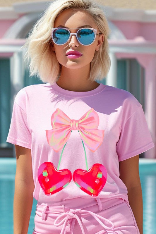 Cherry Pink Bow Soft Girl Era Graphic T Shirts- 20 Colors