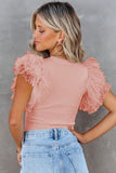 Ribbed Ruffle Dot Lace Tulle Mesh Sleeve Top-2 Colors