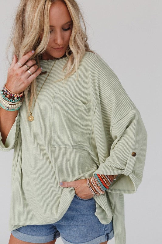 Ribbed Tab Sleeve Oversize Pocket Top-3 Colors