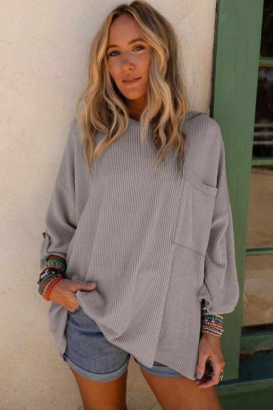 Ribbed Tab Sleeve Oversize Pocket Top-3 Colors