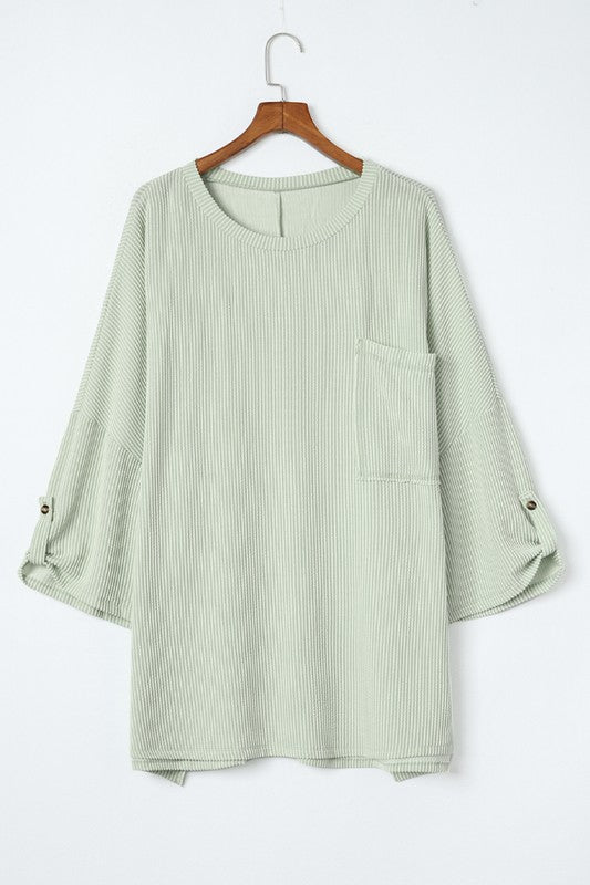 Ribbed Tab Sleeve Oversize Pocket Top-3 Colors