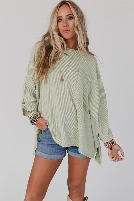 Ribbed Tab Sleeve Oversize Pocket Top-3 Colors