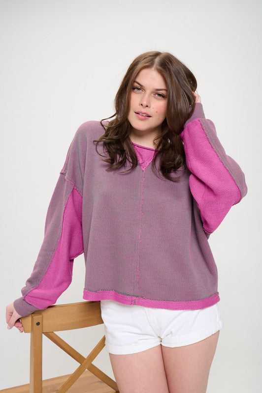 LONG DOLMAN SLEEVE ROUND NECK CASUAL KNIT SWEATER TOP-2 COLORS