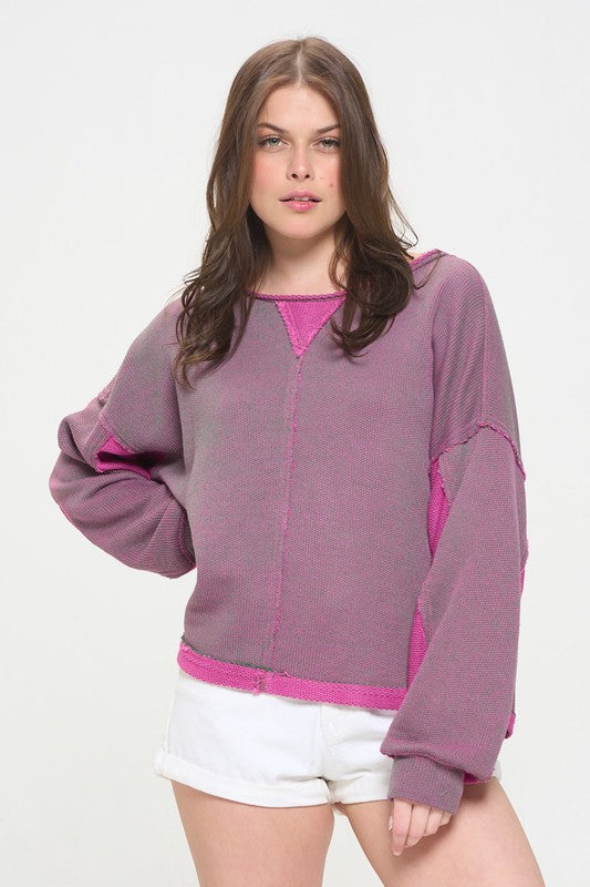 LONG DOLMAN SLEEVE ROUND NECK CASUAL KNIT SWEATER TOP-2 COLORS