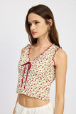 FLORAL RUCHED TOP WITH BOW DETAIL