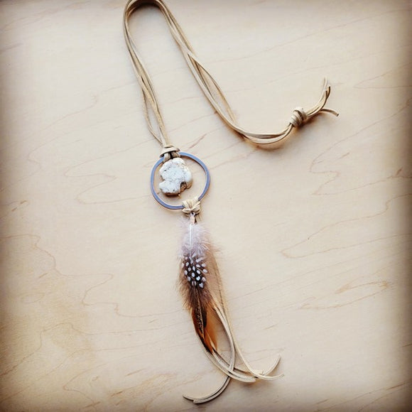 Bone Leather Necklace w/ White Turquoise & Feather