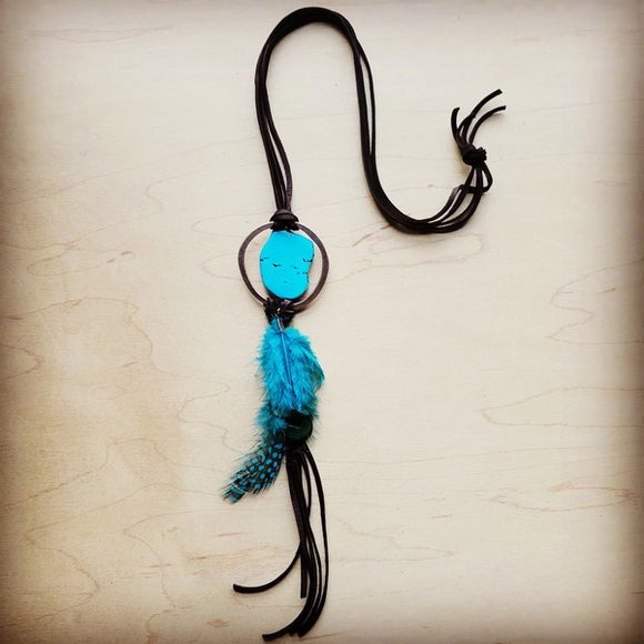 Brown Leather Necklace Turquoise Slab & Feather