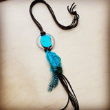 Brown Leather Necklace Turquoise Slab & Feather