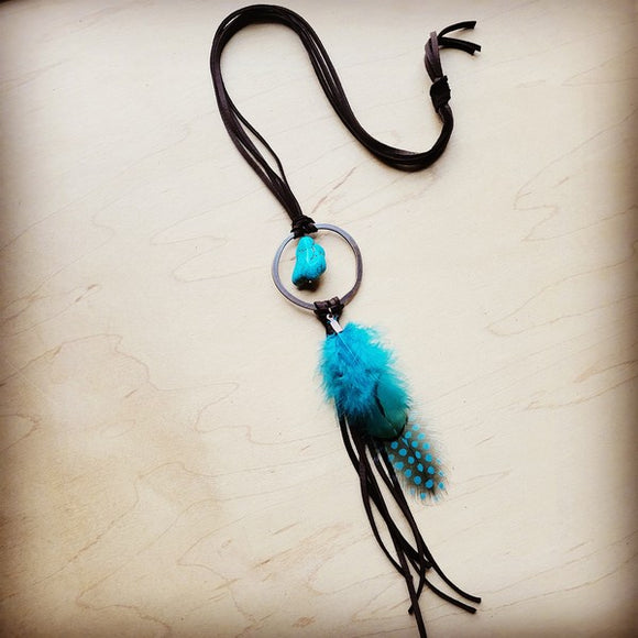 Brown Leather Necklace Turquoise Chunk & Feather