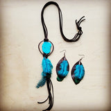 Western Leather Oval Earrings Black Turq Feather