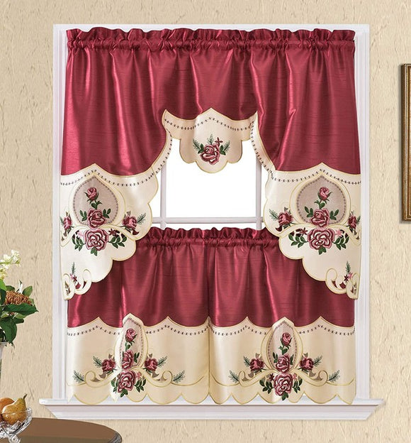 Burgundy Rose Embroidery Kitchen Curtain 3PC Set