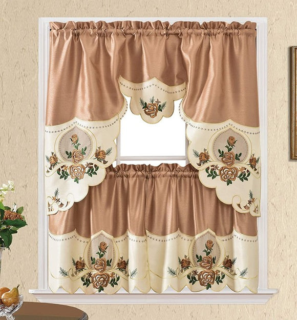 Coffee Rose Embroidery Kitchen Curtain 3PC Set