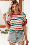 Red Pink Green Stripe Ruffle Short Sleeve Knit Top