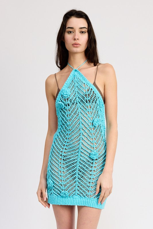 HALTER NECK CROCHET DRESS WITH FLOWER DETAIL SWIMWEAR COVERUP-2 COLORS