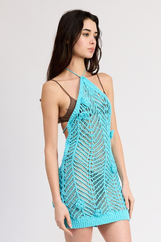 HALTER NECK CROCHET DRESS WITH FLOWER DETAIL SWIMWEAR COVERUP-2 COLORS