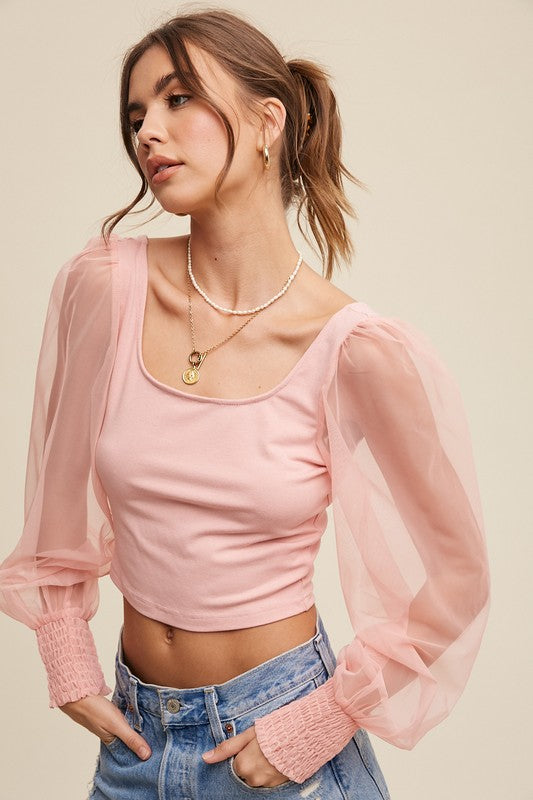 Square Neck Mesh Puff Sleeve Knit Top