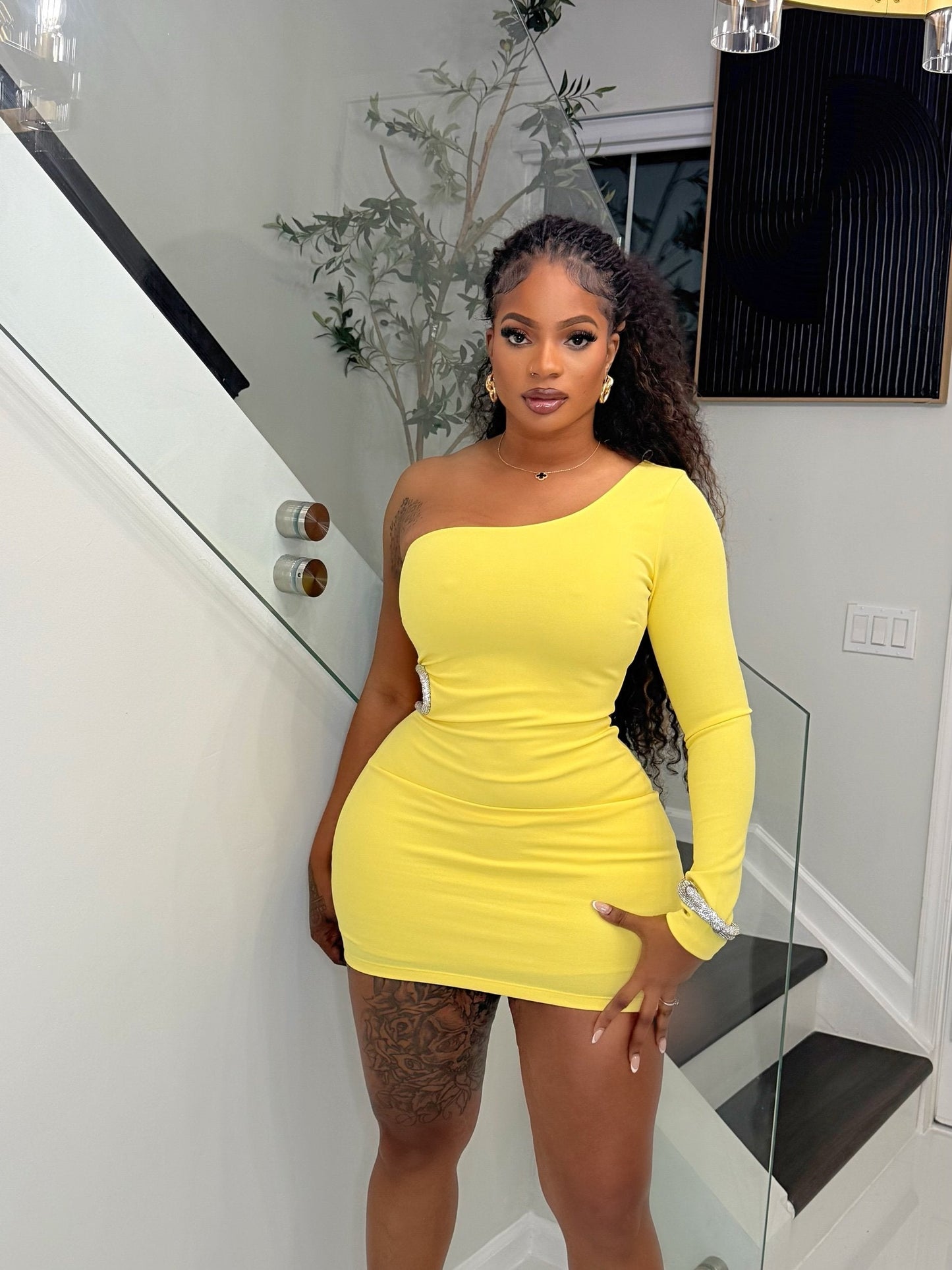 Rhinestoned Ornamented Mini Dress- Yellow