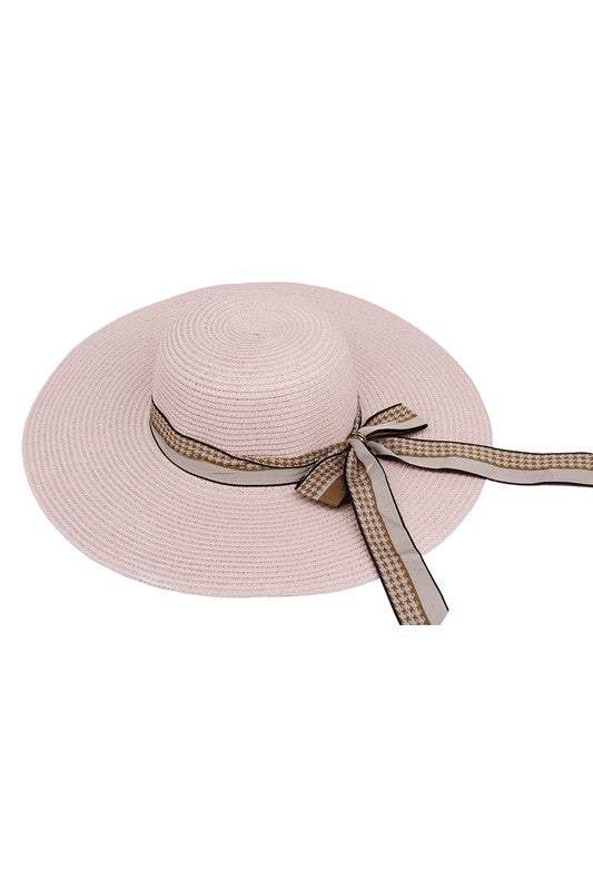 HOUNDSTOOTH RIBBON BOW STRAW SUN HAT-4 COLORS