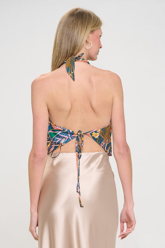 Renee C Made in USA Tropical Leaf Halter Neck Backless Top