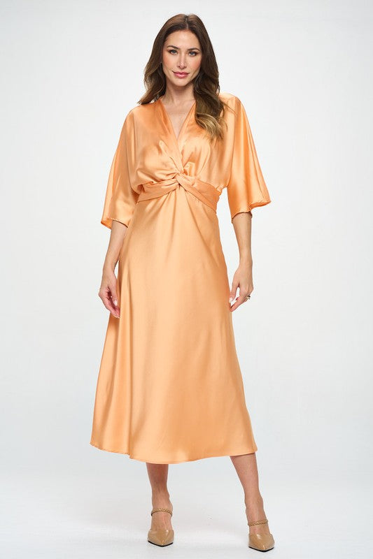 Renee C Made in USA Satin Stretch Solid Dress w Twist-Melon