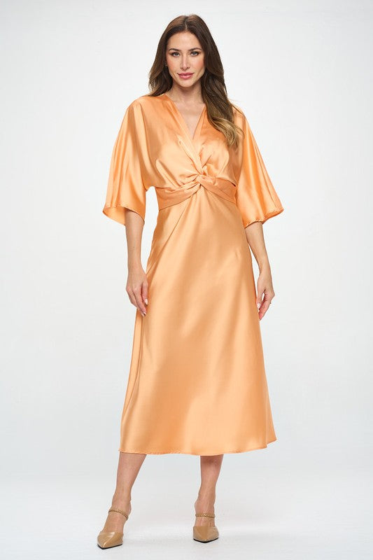 Renee C Made in USA Satin Stretch Solid Dress w Twist-Melon