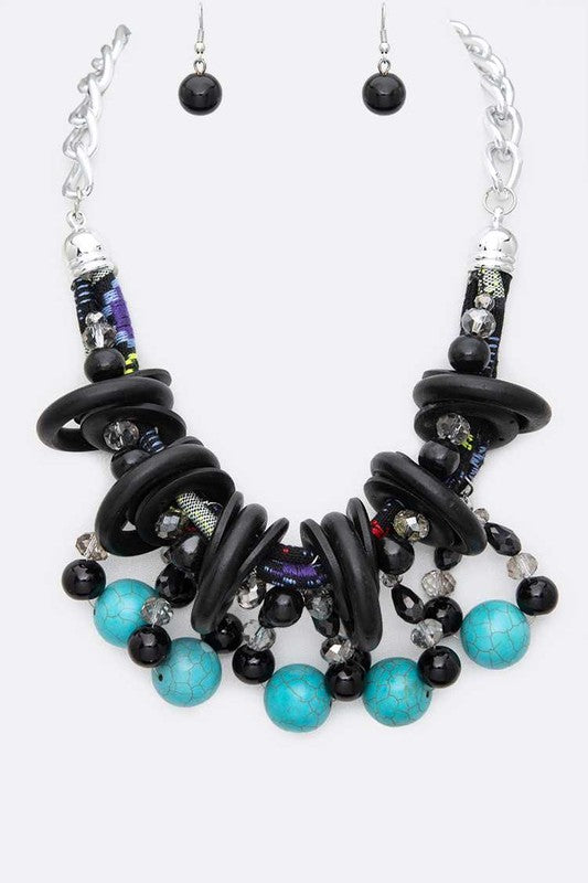 Mix Media Wooden Disk Turquosie Necklace Set